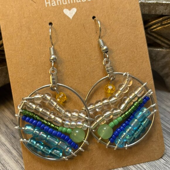 Handmade Ocean Wave Land Beaded Hoop Earrings – Blue & Green Boho Dangles - Picture 2 of 4